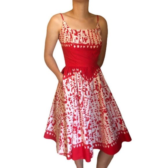 Vintage 50s Kamehameha Hawaii Tropical Red White Fit and Flare Print Sundress - Picture 2 of 12